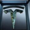 tesla cloisonné emblem with mountain river art
