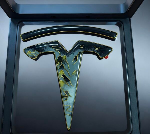 tesla cloisonné emblem with mountain river art