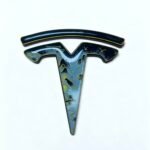 tesla cloisonné emblem with mountain river art