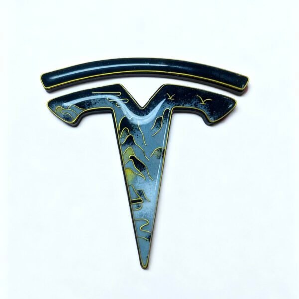 tesla cloisonné emblem with mountain river art