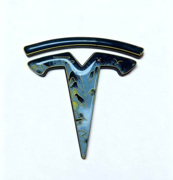 tesla cloisonné emblem with mountain river art