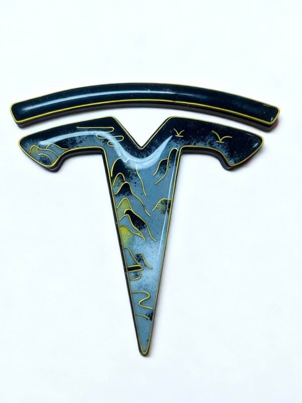 tesla cloisonné emblem with mountain river art